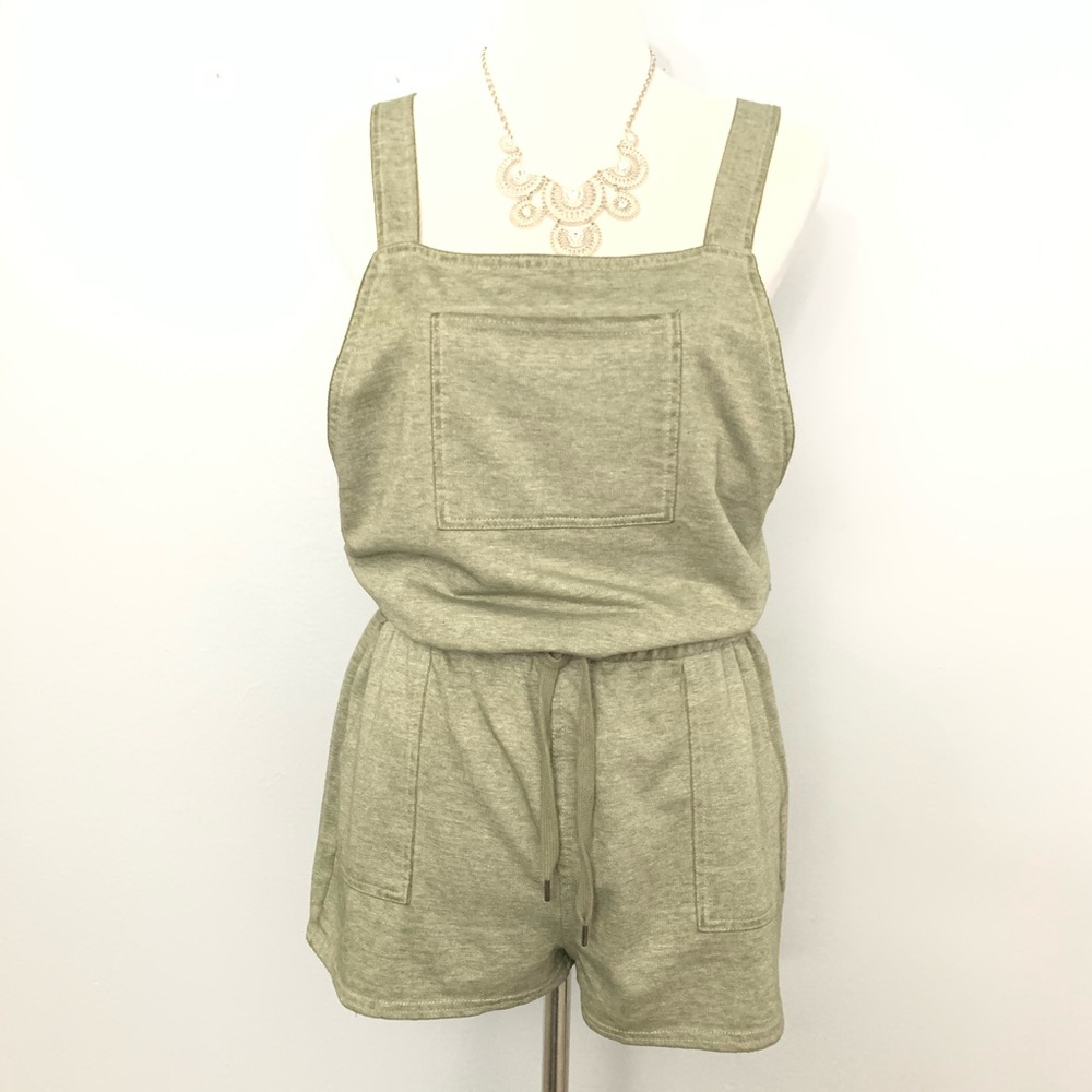 Pink Rose Olive Green Overalls Romper Large